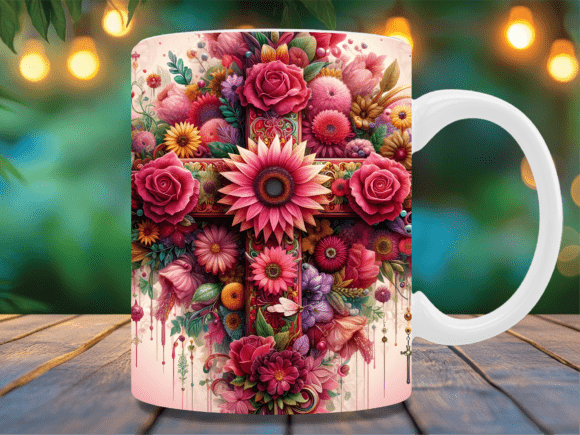 Pink Rose Christian Cross Mug Wrap for Crafts